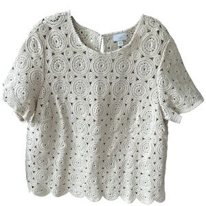 Crochet Lace Tee in Barley Ivory Cream Cotton Scalloped Hem Size XL